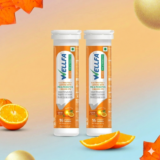 Wellfa Reload Prebitoics & Probiotics - Instant Electrolyte Drinks For Instant Hydration | Revitalizing Energy, and Digestive Support | Orange Flavor Effervescent Tablets