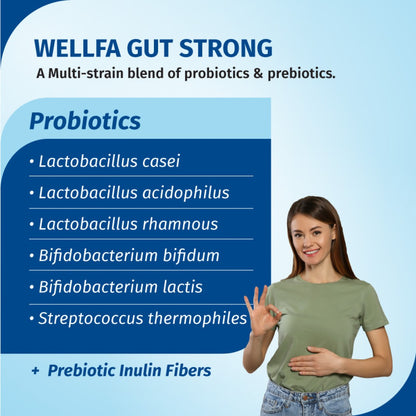 WELLFA GUT STRONG Multi-Strain Probiotics + Prebiotic for Gut & Digestive Health