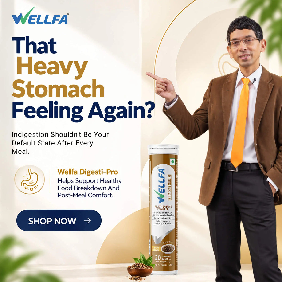 Wellfa Digesti-Pro - Multi-Enzyme Complex with Cumin extract for Instant Relief from Indigestion, Gas & Heartburn | Delicious Cumin Flavor Effervescent Tablets