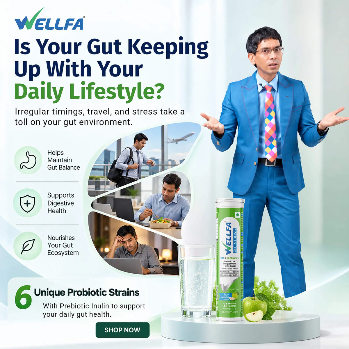 Wellfa Gut Strong - Buy Gut Health Supplement & Immunity Booster Tablets - Powered with 12 Billion CFU of 6 Unique Strain Probiotics & Prebiotic Inulin - Green Apple Flavor Effervescent Tablets