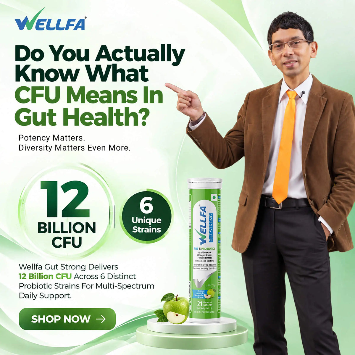Wellfa Gut Strong - Buy Gut Health Supplement & Immunity Booster Tablets - Powered with 12 Billion CFU of 6 Unique Strain Probiotics & Prebiotic Inulin - Green Apple Flavor Effervescent Tablets