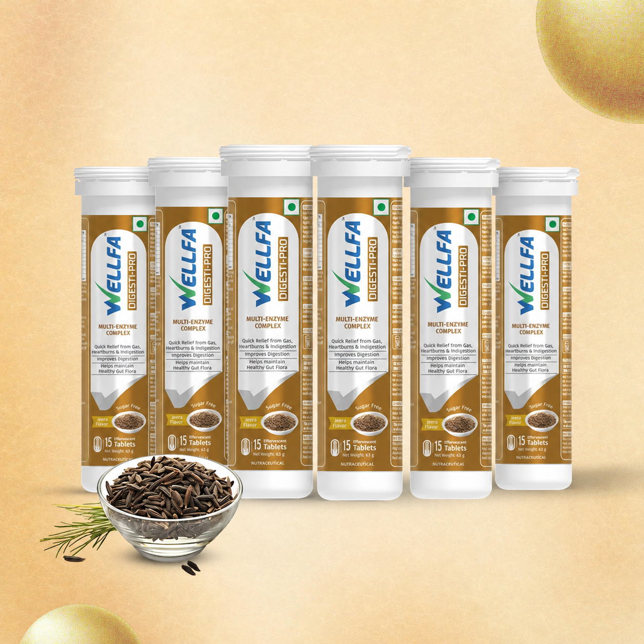 Wellfa Digesti-Pro - Multi-Enzyme Complex with Cumin extract for Instant Relief from Indigestion, Gas & Heartburn | Delicious Cumin Flavour Effervescent Tablets